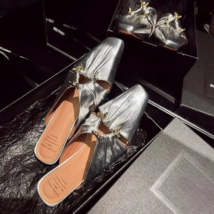 2025 New Fashion Low Heel Women  Shoe Women Narrow Band Silver Flats Bling Bling Gold Round Toe Spring Footwear