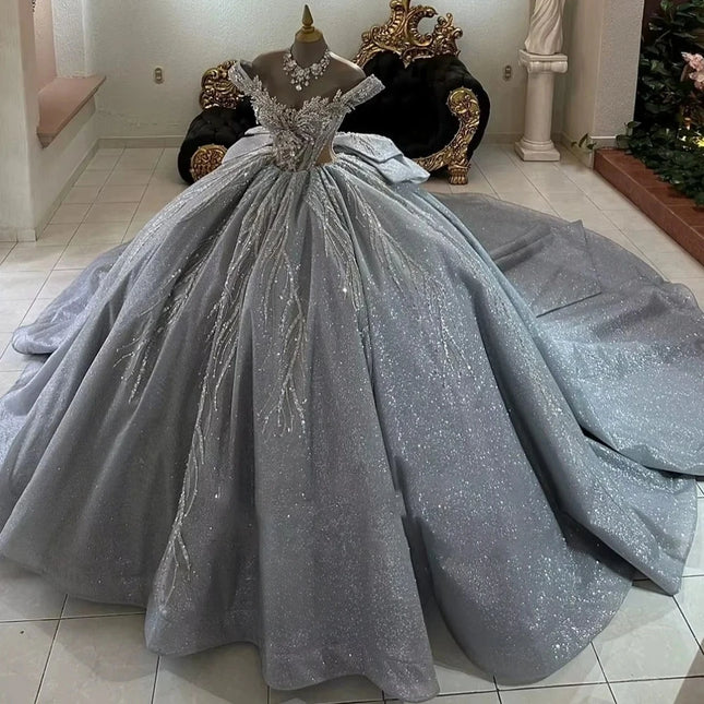 Silberne Quinceañera Ballkleider für Frauen Pailletten Spitze Strass Hochzeitsfeier 15 Anos Vestido Maßanfertigung