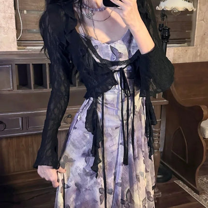 Dress Outfits 2 Piece Sets Women Clothing Lace Crop Shirts Vintage Butterfly Print Gauze Irregular Dresses Suit Chic Summer Set