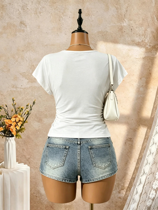 Damen Kurzarm Tiefer V-Ausschnitt Seitlich gerafftes Wickel-Crop-T-Shirt Sommer 2026 Y2K Lässiges Streetwear Basic Uni-T-Shirt