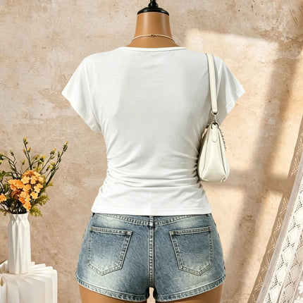 Women Short Sleeve Deep V Neck Side Ruched Wrap Crop T Shirt 2026 Summer Y2K Casual Streetwear Basic Solid Tees