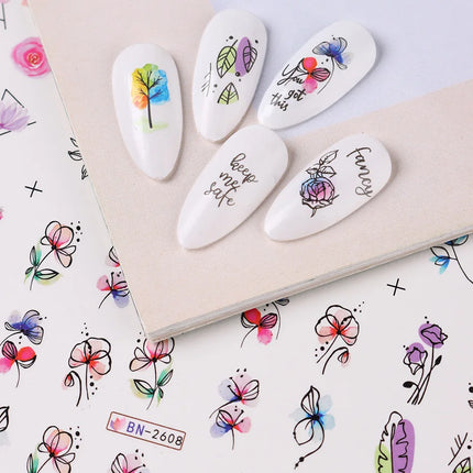 12 PCs Ink Flowers Nail Art Sticker Summer Water Decal Blooming Flowers Leaves Graffiti Slider Nail Decoration Foils Tattoo