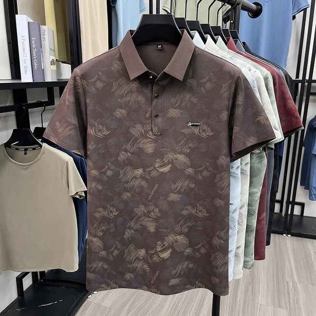 Mens Business Casual Feather Print Short Sleeve Polo Shirts Tops Soft Breathable Fashion Shirts for Men
