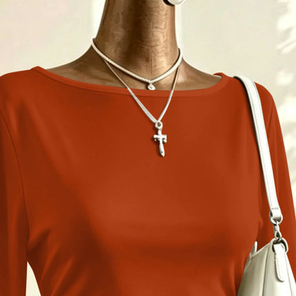 Boat Neck Flare Long Sleeve Side Ruched Fitted Casual Blouse Slim Fit Basic Top