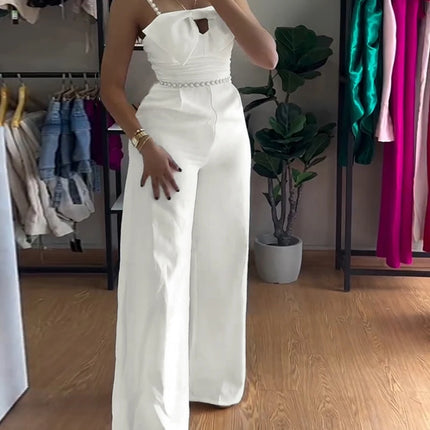 Jumpsuit Women 2025 Spring New Bandeau Beaded Spaghetti Strap Bowknot Design Ruched Slim Fit Jumpsuit Elegant Wide-Leg Overall