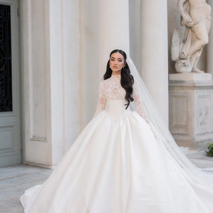 Customized Palace Retro Style Satin Wedding Dress with High Neck Long Sleeve Lace Skirt and Large Skirt Vestido De Novia