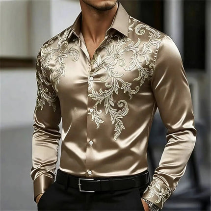 Men's Satin Paisley Printed Shirt Luxury Glossy Long Sleeve Casual Button Down Dress Shirts Nightclub Party Wear