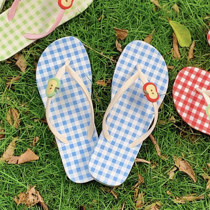 XIXITIAO Cute Flat Flip-Flops For Summer Beach Vacations Women's Color-Blocked Plaid Red Apple Flip-Flops Home Bathroom Slippers