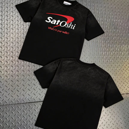 High Street Retro Hip-Hop Satoshi Nakamoto T Shirt Men Women Classic Letter Print Wash loose Casual plus size Short-Sleeve Tees