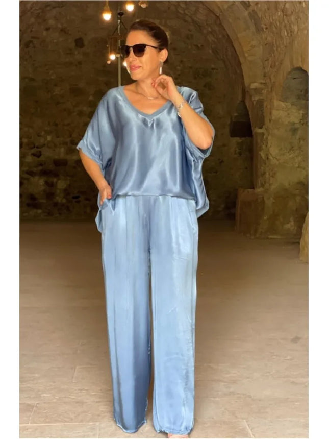 Frühling Sommer Mode Einfarbig Glatt Satin Zweiteiler Neue Damen V-Ausschnitt Halbarm Top und Lange Hose Lässige Loose Outfits