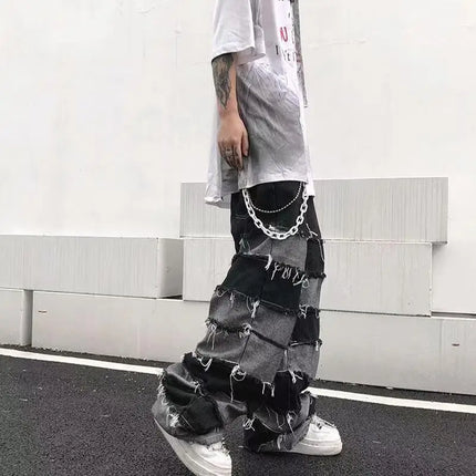 American New High Street Antique Tassel Jeans for Men, Dropped Wide Leg Hip Hop Lazy Long Pants