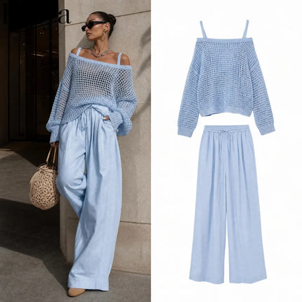 Off Shoulder Hollow Knit Womens Pants Set Long Sleeve Wide Leg Pants Outfit Casual Loose Summer Beach Vacation Pants Set Woman