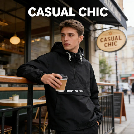 Spring Autumn Mens Anorak Jackets Fashion Man Half zip Streetwear Hip Hop Hooded Coats Men Loose Windbreaker Waterproof Jackets