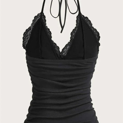 Lace V-neck Halter Top Women Summer Sexy Grunge Punk Goth Backless Ruched Crop Top Cami Top Streetwear Y2K Clothes 2024