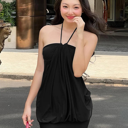 Sexy Mini Halter Ruched Backless Short Dress Solid Sleeveless Dresses Summer Party Birthday Club Clothes Y2K