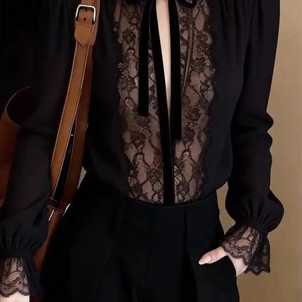 Luxury Black Lace Long Sleeve Top Mesh Sheer V Neck Lace Up Tied T Shirt Elegant Clothes Casual Basic Tees