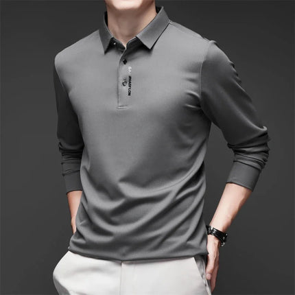 New Men's Business Casual Long Sleeved Shirt with Badge Solid Color Polo Shirt Fashionable Breathable - product image 11