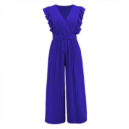 Women's Jumpsuit Long Pants Flying Sleeve V-neck High Waist Belt Cropped Fold Pants Solid Color Temperament Fashion Women's Wear