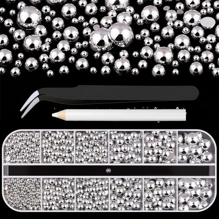 1 Box Half Round Flatback Nail Rhinestones Multi Size Gold& Silver Metal Pearls Caviar Nail Art Decorations Flat Back Gold Beads