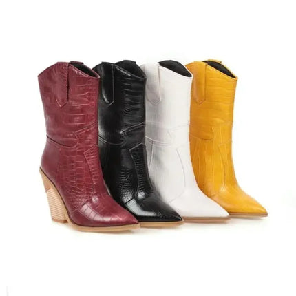New Classic Embroidered pointed Sexy Cowboy Boots for Women Leather Cowgirl Boots High Heels Shoes Mid Calf Woman Boots Large