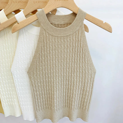 2026 Summer New Women's Knitted Halter Camisole Slim Fit Sleeveless Base Tank Tops Solid Color O-neck Outerwear Vests Crop Tops