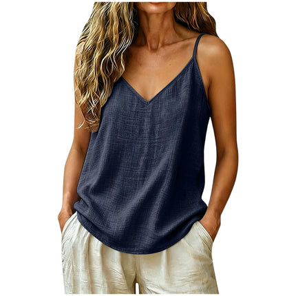 Women Cotton Linen Spaghetti Strap Tank Top V Neck Solid Color Loose Fit Lightweight Casual Sleeveless Camisole Summer Beach Top