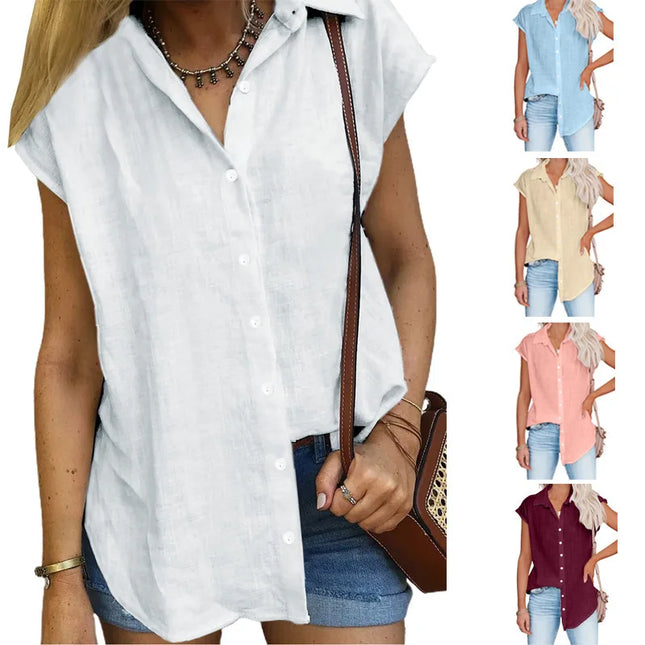 Sommer Solid Baumwoll-Leinen Hemd Damen Kleidung Casual Kurzarm Tops T-Shirt Damen T-Shirts Blusen Dünnes Lockeres T-Shirt Frau