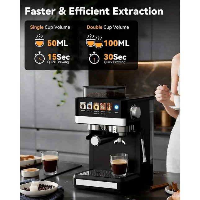 20Bar Compact Espresso Coffee Maker with Grinder and Milk Frother for Home Cappuccino Latte Americano and Iced Cold Brew