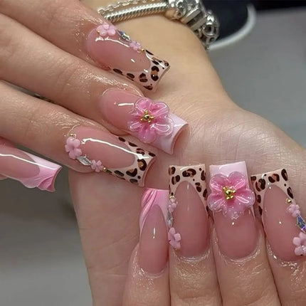 24pcs Long Ballerina Fake Nails 3d Flowers Decor Green French Press on Nails Full Cover Wearable European Spice Girl False Nails