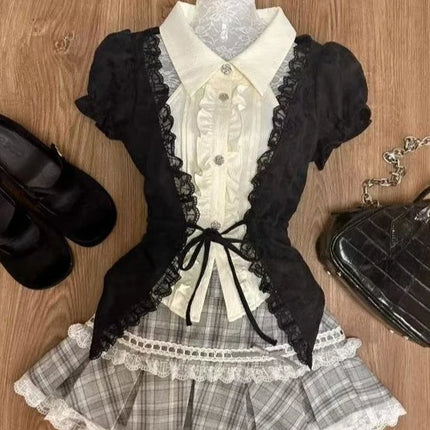 Japanese Cute Slim Women Party Dress Ruffled Lace Chic Bow Long Sleeve Kawaii Sweet Style Set Lightweight Trendy Female Design