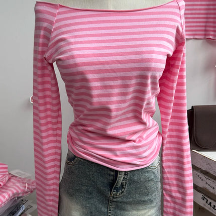 Sweet Pink Striped Long Sleeve T-shirt Women New Spring Cotton Raw Hem Slash Neck Slim Tee Tops Cute Preppy Style T shirt Y2K