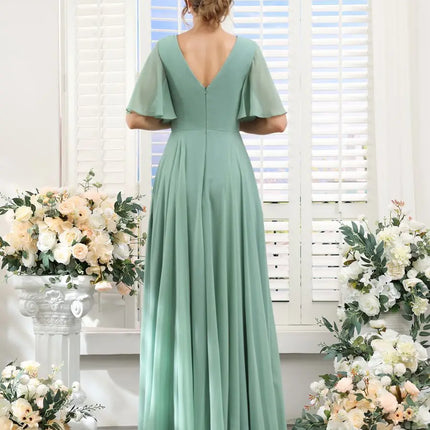 A Line Chiffon Bridesmaid Dresses Short Sleeve V Neck Slit Pleat Elegant Wedding Party Formal Prom Evening Zipper Back