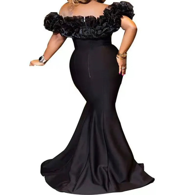 Elegante Abendparty Lange Kleider Damen Rüschen schulterfrei schmale Passform Meerjungfrauenkleid Einfarbig