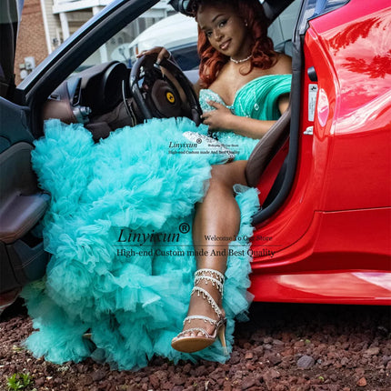 Sparkly Sequin Crystal Mermaid Prom Dress Customized Black Girl Evening Party Gown African Side Slit Ruffles Wedding Party Dress