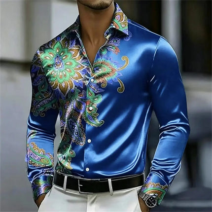 Men's Satin Paisley Printed Shirt Luxury Glossy Long Sleeve Casual Button Down Dress Shirts Nightclub Party Wear