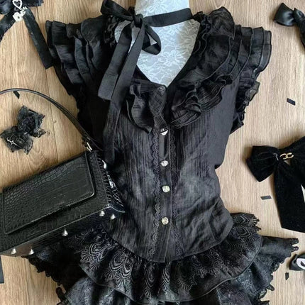 Japanese Cute Slim Women Party Dress Ruffled Lace Chic Bow Long Sleeve Kawaii Sweet Style Set Lightweight Trendy Female Design