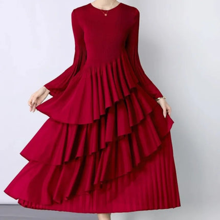 XFPV Elegant Fashion Style Women's Beautiful Dress Long Sleeves Round Neck Pleated Irregular Dresses For 2025 Autumn New 22D2441