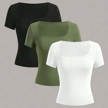 Vibrant Square Neck T-Shirt in Solid Color - Spring and Summer Classic Casual Short Sleeve T-Shirt - Everyday Casual