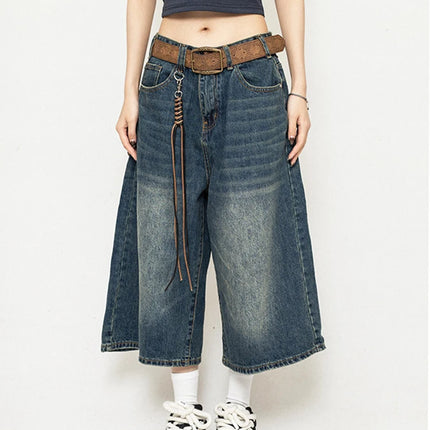 High Waist Black Retro Washed Denim Shorts Women's Harajuku Vintage Fashion Casual Loose Y2K Streetwear Mid Long  Wide Leg Pants