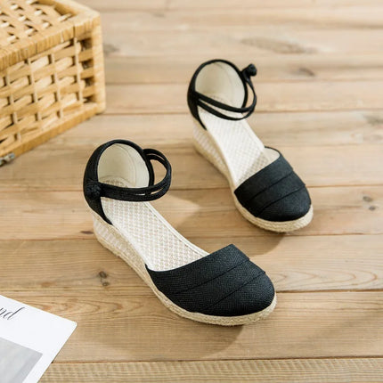 Linen Espadrille Women's Wedge Sandals Ankle Strap Breathable Lightweight Summer Footwear Female Roman Fashion Sandals Size 34