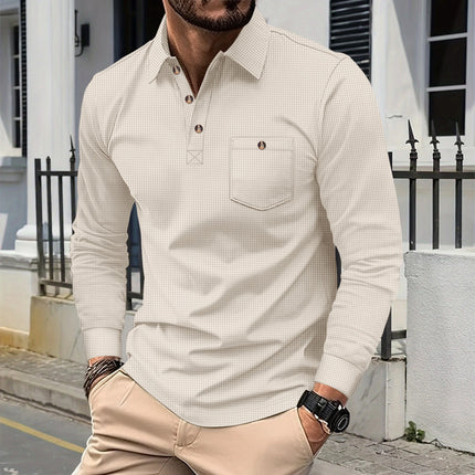 Men's Waffle Knit Polo Henley Shirt - Casual Long Sleeve Turn Down Collar Chest Pocket Button Tee