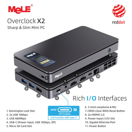 MeLE Overclock X2 Mini PC,N150 16GB 512GB Micro Desktop Computer, 4K Triple Display, All-in-one USB-C, USB3.2/WiFi/BT/Ethernet