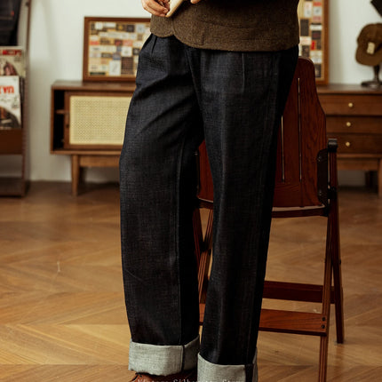 Red Tornado Pleated Denim Pants High Waist Loose Fit Vintage Style Men's Naples Trousers