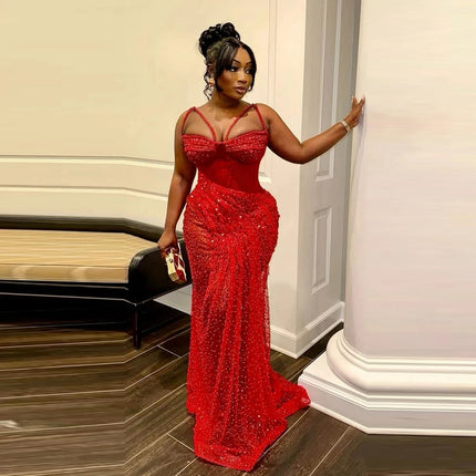 Sexy Lace Mermaid African Women's Evening Dress Luxury Beaded Pearl Formal Event Party Dress Red Prom Dress Customization