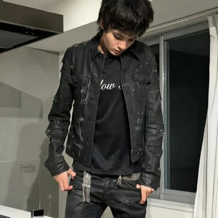 HKSH Spring Autumn Men's Tide Chic Ins Dark Waste Land Style Heavy Waxed Denim Jacket High Street Luxury Versatile Coats HK24221