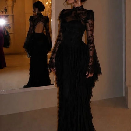 Elena Lace High Black Mermaid Formal Evening Gown Gothic Victorian Aesthetic Neck Sheer Illusion Modest Evening Wear Customized