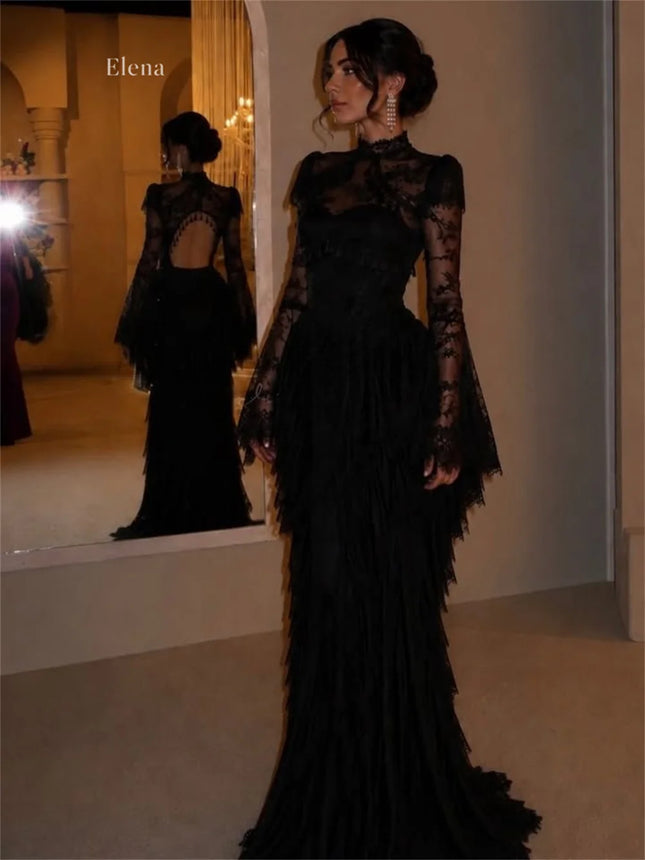 Elena Spitze Hohes Schwarz Meerjungfrau Formelles Abendkleid Gothisch Viktorianische Ästhetik Hals Transparente Illusion Modische Abendgarderobe Maßanfertigung