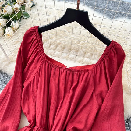 OCEANLOVE Woman Dresses Lantern Sleeve Square Neck Bandage Vestidos Para Mujer Solid Korean Fashion Retro Sweet Long Dress