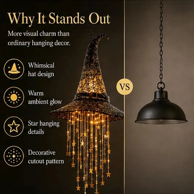 Lighted Witch Hat Hanging Chime, Halloween Outdoor Ornament, Glowing Mesh Cascading Stars, Black Frame Decoration, Party Decor