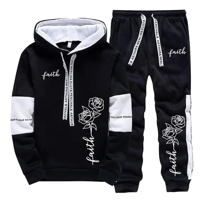 Conjunto de 2 piezas de sudadera con capucha y pantalones de chándal con estampado de flores Faith para hombre/mujer, conjunto de chándal deportivo informal diario con capucha, moda unisex de otoño